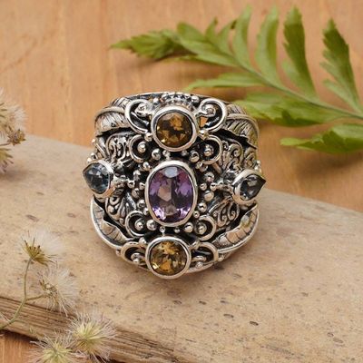 Primary image for Balinese Amethyst and Blue Topaz Silver Cocktail Ring Butterfly Queen