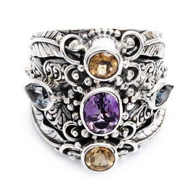 Alternate image for Balinese Amethyst and Blue Topaz Silver Cocktail Ring Butterfly Queen