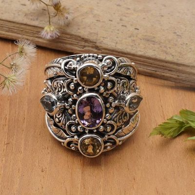 Alternate image for Balinese Amethyst and Blue Topaz Silver Cocktail Ring Butterfly Queen