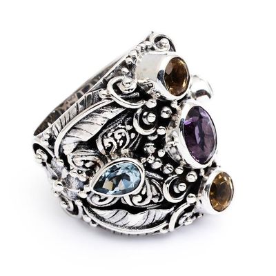 Alternate image for Balinese Amethyst and Blue Topaz Silver Cocktail Ring Butterfly Queen