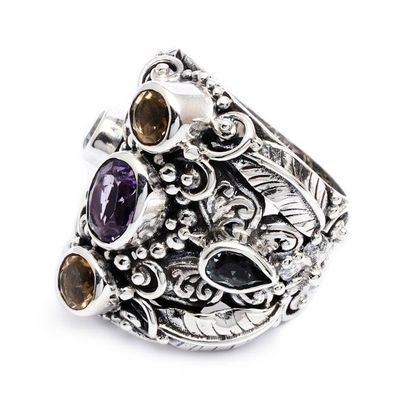 Alternate image for Balinese Amethyst and Blue Topaz Silver Cocktail Ring Butterfly Queen