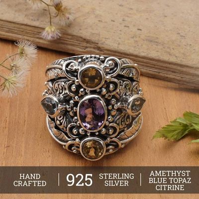 Alternate image for Balinese Amethyst and Blue Topaz Silver Cocktail Ring Butterfly Queen