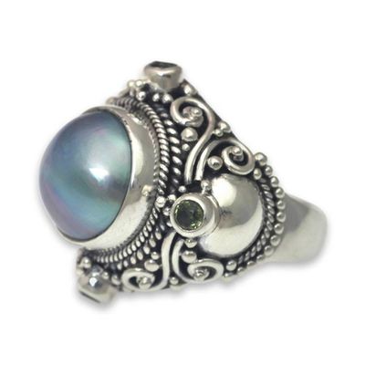 Alternate image for Artisan Crafted Blue Mabe Pearl and Peridot Cocktail Ring Regal Blue Glory