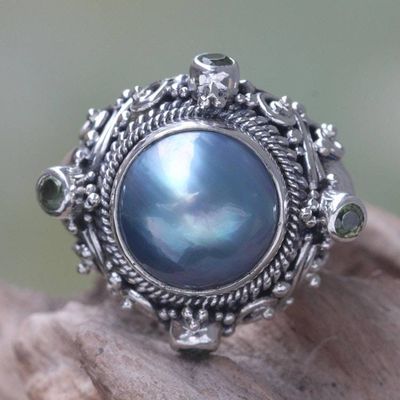 Alternate image for Artisan Crafted Blue Mabe Pearl and Peridot Cocktail Ring Regal Blue Glory