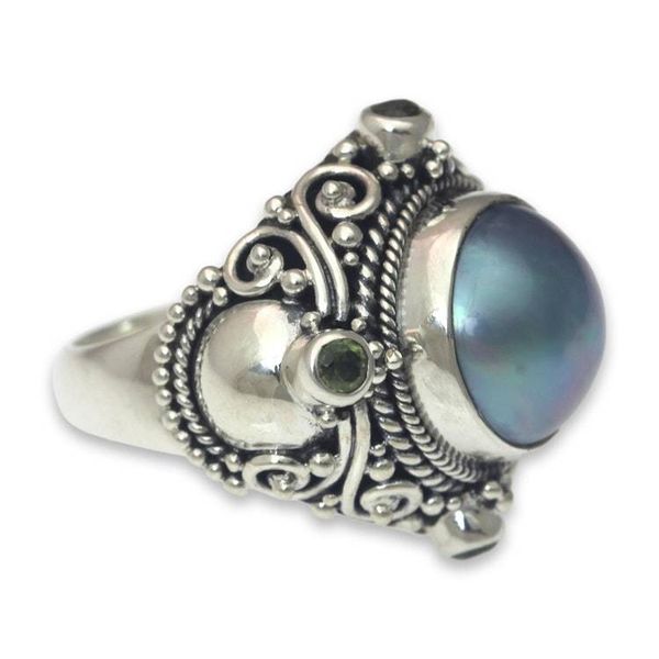 Alternate image for Artisan Crafted Blue Mabe Pearl and Peridot Cocktail Ring Regal Blue Glory