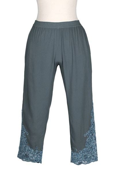 Alternate image for Rayon Capri Pants with Floral Vine Openwork Hand Embroidery Slate Padma Flower