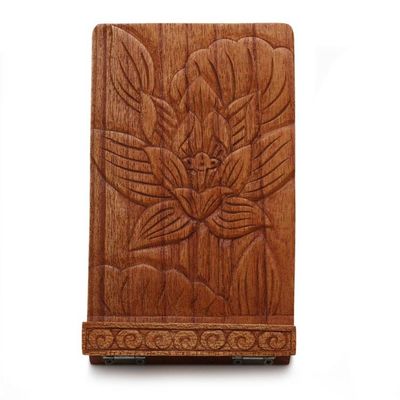 Alternate image for Lotus Flower-Themed Hand-Carved Foldable Wood Tablet Stand Enchanting Lotus