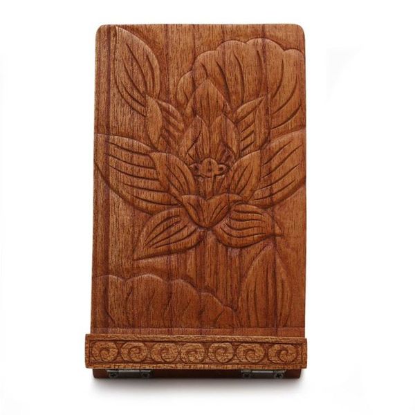 Alternate image for Lotus Flower-Themed Hand-Carved Foldable Wood Tablet Stand Enchanting Lotus