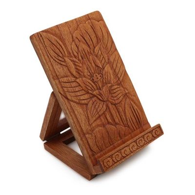 Alternate image for Lotus Flower-Themed Hand-Carved Foldable Wood Tablet Stand Enchanting Lotus
