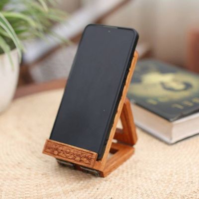 Alternate image for Geometric-Themed Hand-Carved Foldable Wood Phone Stand Organic Geometry