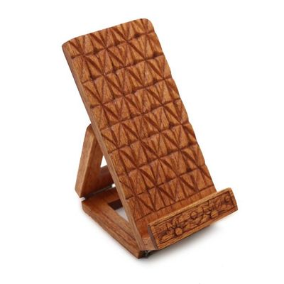 Alternate image for Geometric-Themed Hand-Carved Foldable Wood Phone Stand Organic Geometry
