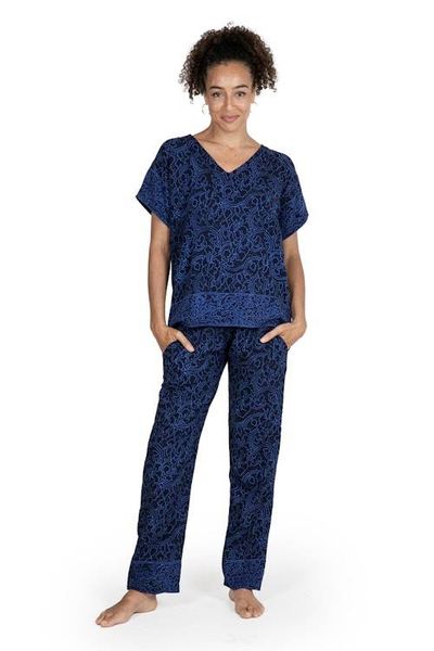 Alternate image for Navy and Amethyst Rayon Batik Pajama Set from Indonesia Blue Orchid