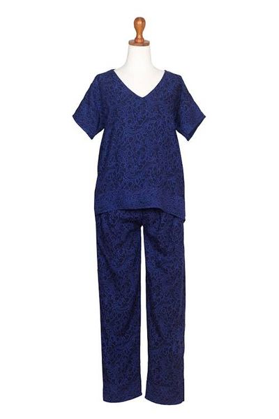 Alternate image for Navy and Amethyst Rayon Batik Pajama Set from Indonesia Blue Orchid