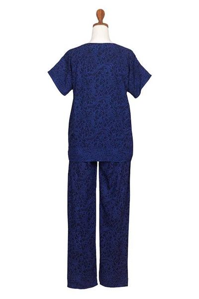 Alternate image for Navy and Amethyst Rayon Batik Pajama Set from Indonesia Blue Orchid