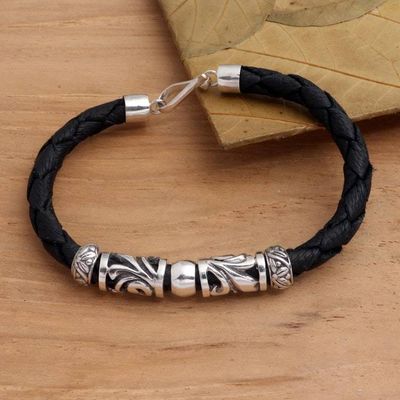 Primary image for Artisan Crafted Sterling Silver and Leather Bracelet Tropical Motif