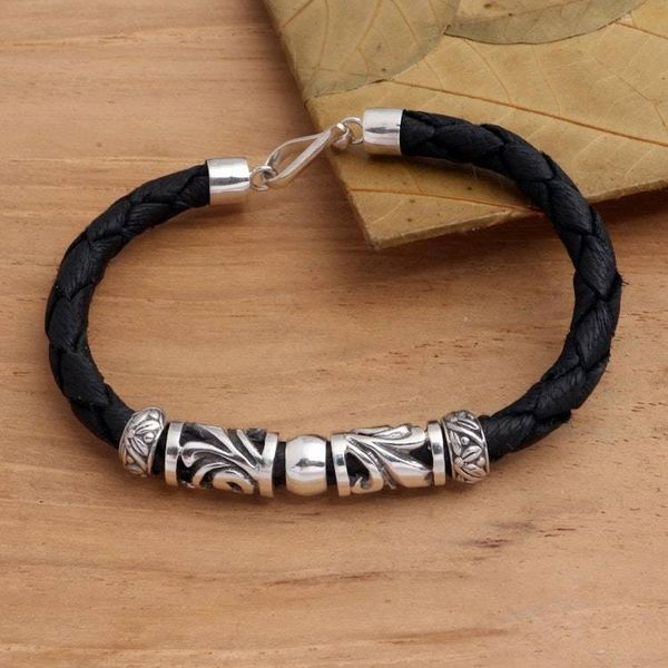 Alternate image for Artisan Crafted Sterling Silver and Leather Bracelet Tropical Motif