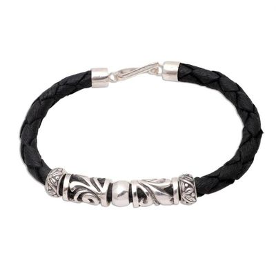Alternate image for Artisan Crafted Sterling Silver and Leather Bracelet Tropical Motif