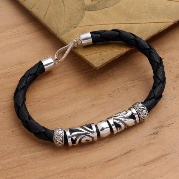 Alternate image for Artisan Crafted Sterling Silver and Leather Bracelet Tropical Motif