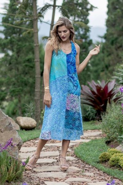 Alternate image for Batik Leafy Blue and Black Rayon Sleeveless Tank Top Dress Blue Patchwork Dreams