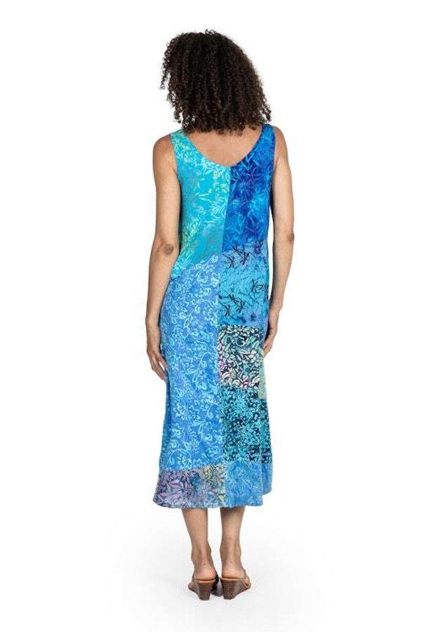 Alternate image for Batik Leafy Blue and Black Rayon Sleeveless Tank Top Dress Blue Patchwork Dreams