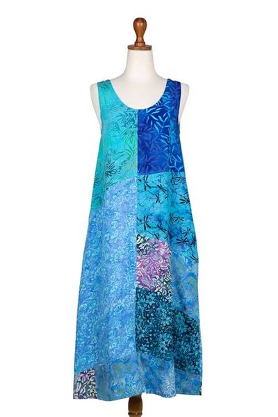 Alternate image for Batik Leafy Blue and Black Rayon Sleeveless Tank Top Dress Blue Patchwork Dreams