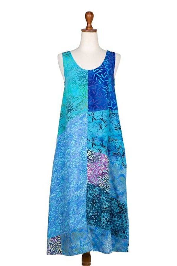 Alternate image for Batik Leafy Blue and Black Rayon Sleeveless Tank Top Dress Blue Patchwork Dreams
