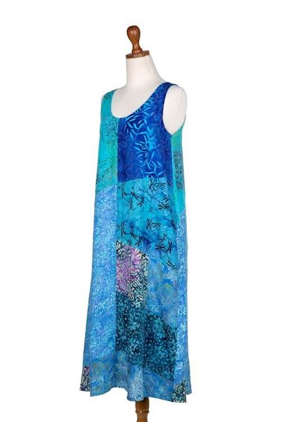 Alternate image for Batik Leafy Blue and Black Rayon Sleeveless Tank Top Dress Blue Patchwork Dreams
