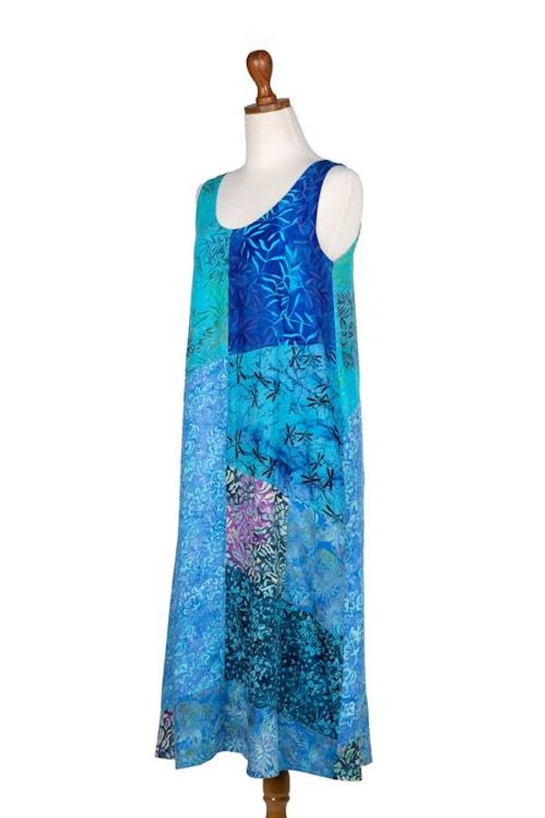 Alternate image for Batik Leafy Blue and Black Rayon Sleeveless Tank Top Dress Blue Patchwork Dreams