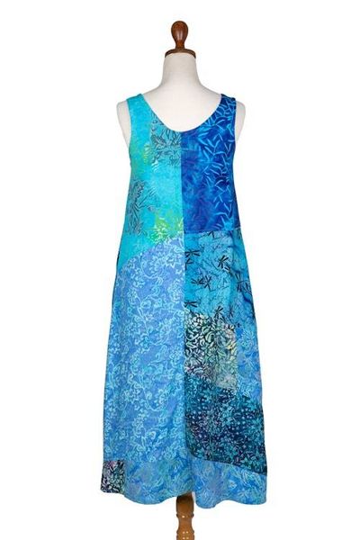 Alternate image for Batik Leafy Blue and Black Rayon Sleeveless Tank Top Dress Blue Patchwork Dreams
