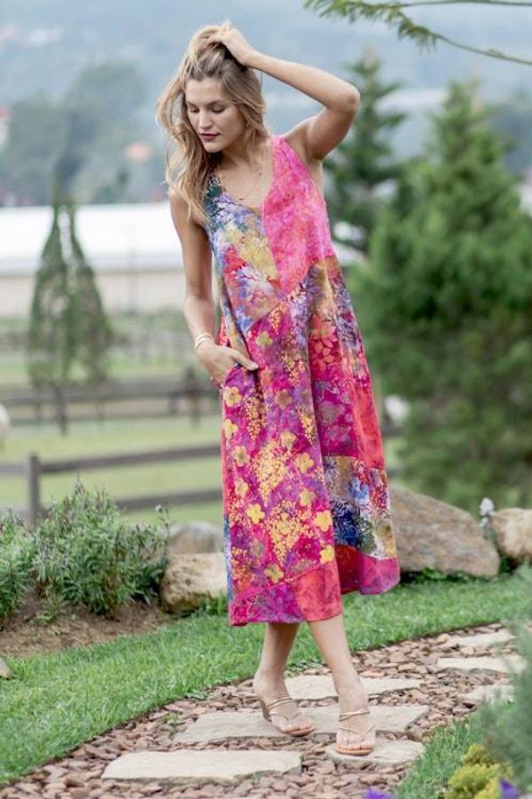 Alternate image for Batik Magenta and Begonia Rayon Sleeveless Tunic Dress Pink Patchwork Dreams