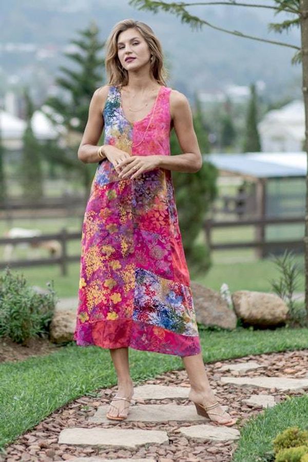 Alternate image for Batik Magenta and Begonia Rayon Sleeveless Tunic Dress Pink Patchwork Dreams