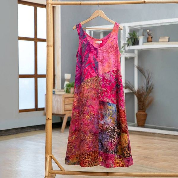 Alternate image for Batik Magenta and Begonia Rayon Sleeveless Tunic Dress Pink Patchwork Dreams