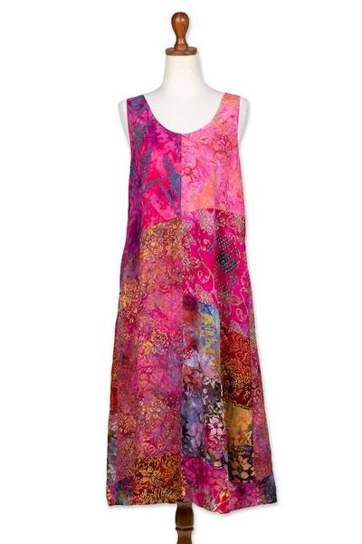 Alternate image for Batik Magenta and Begonia Rayon Sleeveless Tunic Dress Pink Patchwork Dreams