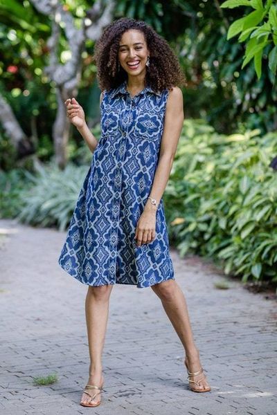 Alternate image for Blue 100 Cotton Shirt Dress with Geometric Pattern Eyeful