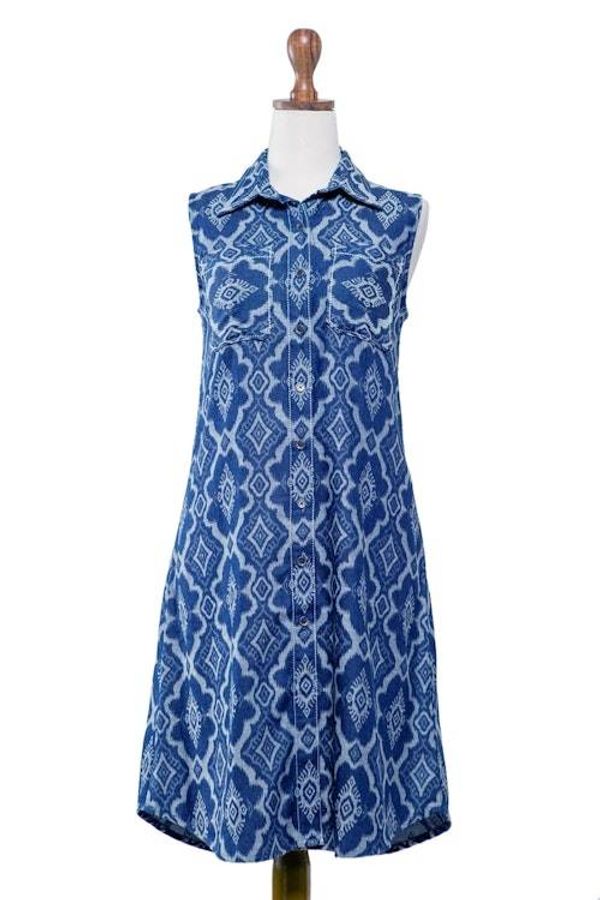 Alternate image for Blue 100 Cotton Shirt Dress with Geometric Pattern Eyeful