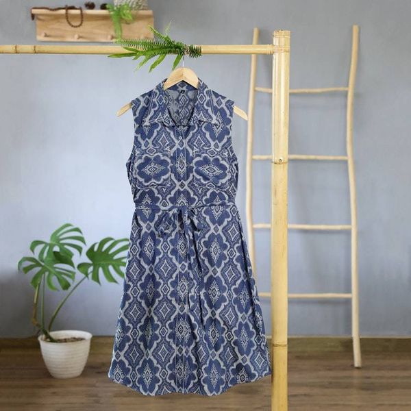 Alternate image for Blue 100 Cotton Shirt Dress with Geometric Pattern Eyeful