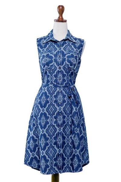 Alternate image for Blue 100 Cotton Shirt Dress with Geometric Pattern Eyeful