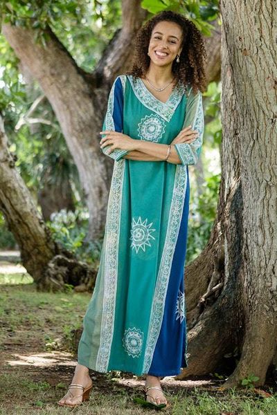 Alternate image for Hand-Printed Batik Rayon Maxi Dress Slow Day in Teal