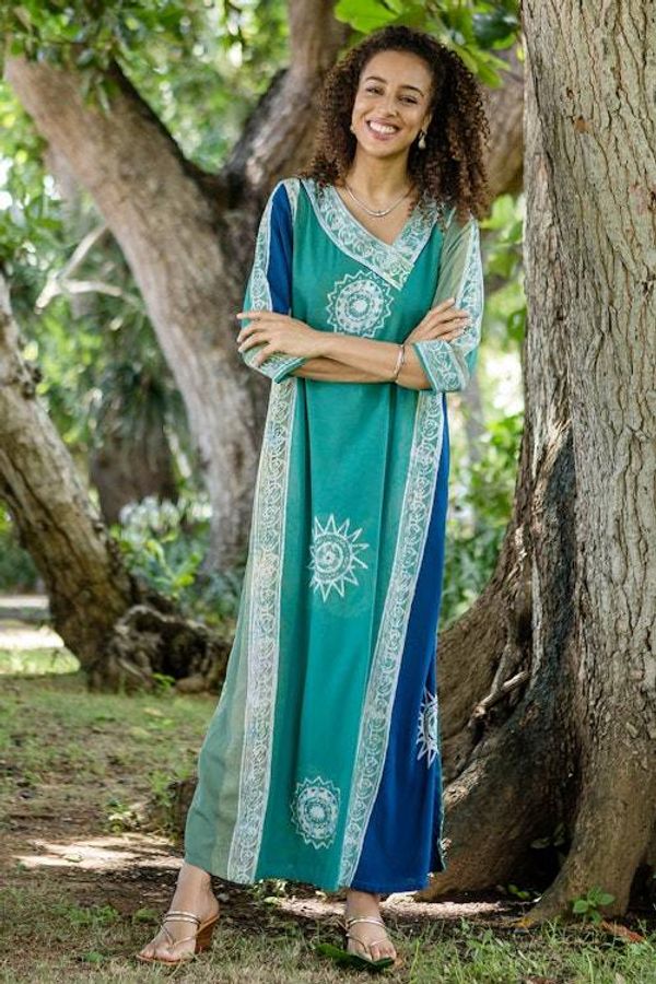 Alternate image for Hand-Printed Batik Rayon Maxi Dress Slow Day in Teal