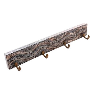 Alternate image for Black Teak Wood Coat Rack Hanger Crafted in Bali Beach Waves in Black