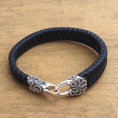 Primary image for Mens Leather and Sterling Silver Bracelet in Black Bun Claw in Black