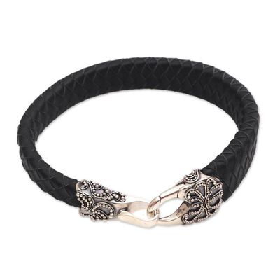 Alternate image for Mens Leather and Sterling Silver Bracelet in Black Bun Claw in Black