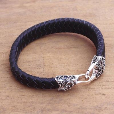 Alternate image for Mens Leather and Sterling Silver Bracelet in Black Bun Claw in Black