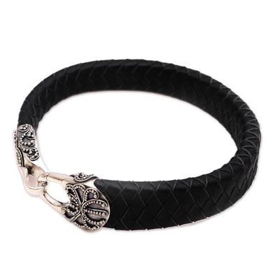 Alternate image for Mens Leather and Sterling Silver Bracelet in Black Bun Claw in Black