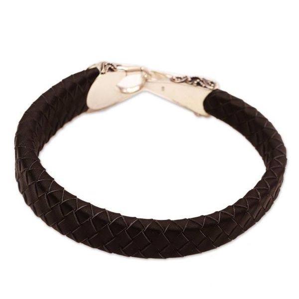 Alternate image for Mens Leather and Sterling Silver Bracelet in Black Bun Claw in Black
