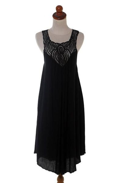 Primary image for Hand Embroidered Black Cotton Dress Drifting Clouds in Black