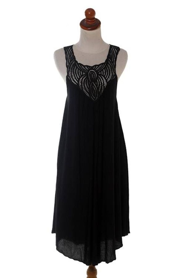 Alternate image for Hand Embroidered Black Cotton Dress Drifting Clouds in Black