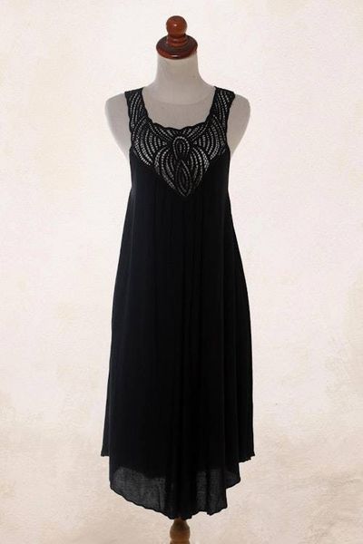 Alternate image for Hand Embroidered Black Cotton Dress Drifting Clouds in Black