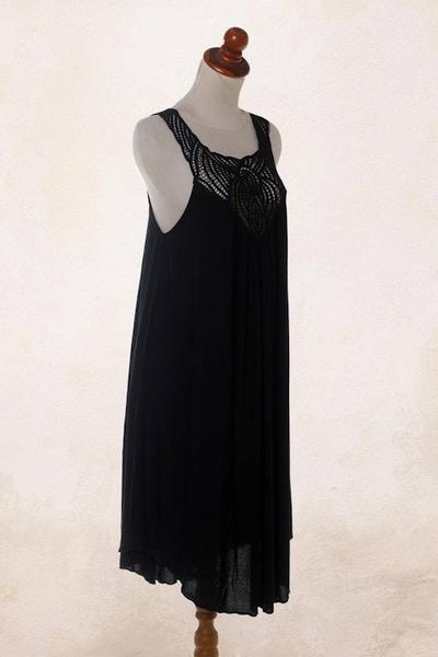 Alternate image for Hand Embroidered Black Cotton Dress Drifting Clouds in Black