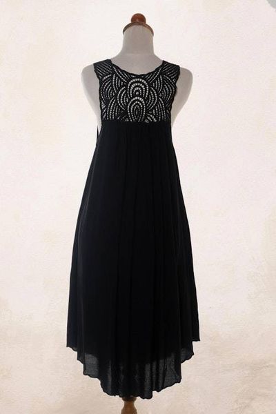 Alternate image for Hand Embroidered Black Cotton Dress Drifting Clouds in Black